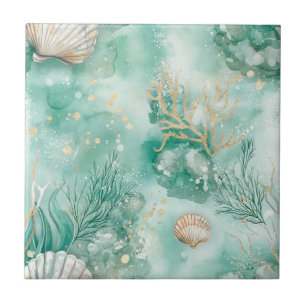 Elegante Goudkoraal- en Schelp-watercolorkunst Tegeltje