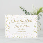 Elegante goudstof confetti chic script bruiloft save the date (Staand voorkant)