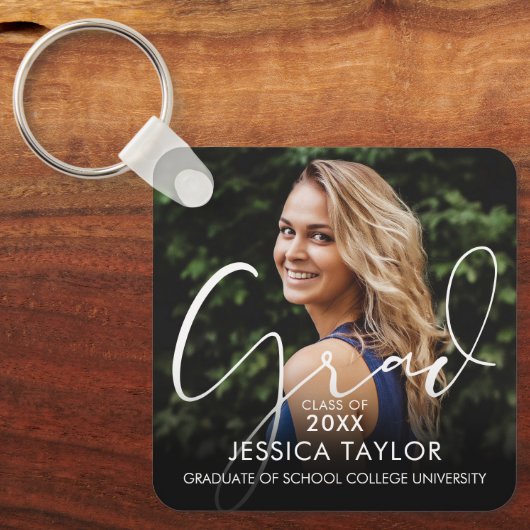 Elegante Grad Script Afgestudeerde Foto Sleutelhanger (Voorkant)
