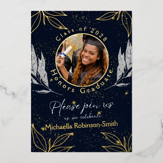 Elegante Graduation Party Navy Gold Folie Uitnodig Folie Uitnodiging (Voorkant)