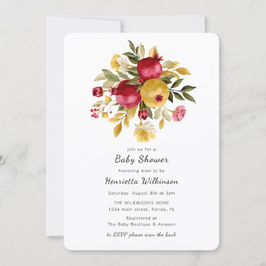 Elegante granaatappel babyshower uitnodiging (Voorkant)