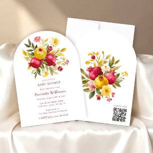 Elegante Granaatappel en Bloemrijke Baby Shower Kaart