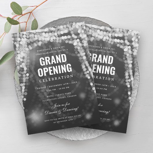 Elegante Grand Opening Business Zilveren Lichten Kaart