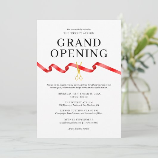Elegante Grand Opening Uitnodiging met Rood Lint (Staand voorkant)