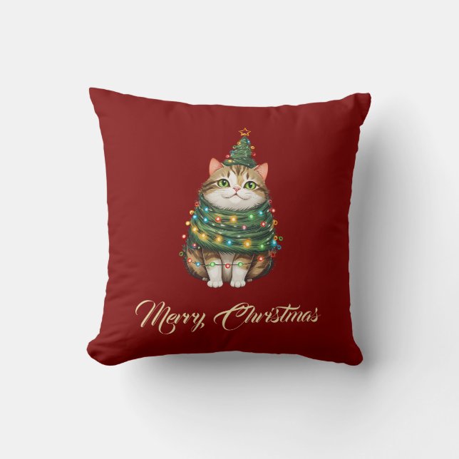 Elegante grappige kat kerstboom rood groen kussen (Voorkant)