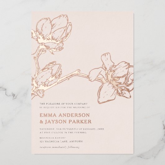 Elegante Gratieuze Magnolia Trouw Blozende Roze Go Folie Uitnodiging (Voorkant)