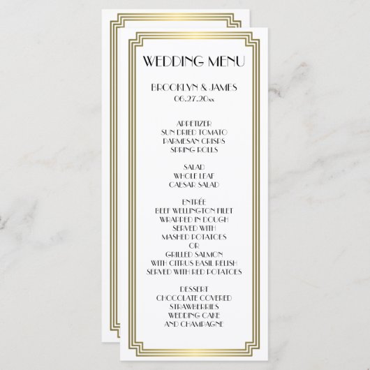 Elegante Great Gatsby Art Deco Trouwmenu Menu (Voorkant / Achterkant)