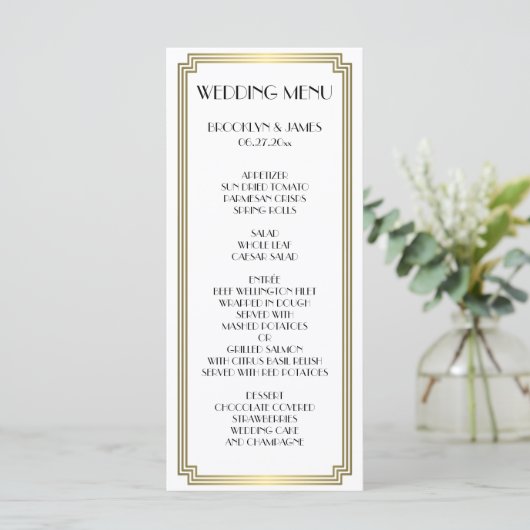 Elegante Great Gatsby Art Deco Trouwmenu Menu (Staand voorkant)