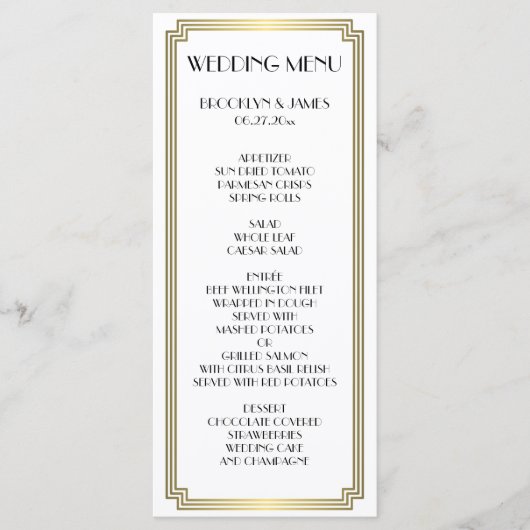 Elegante Great Gatsby Art Deco Trouwmenu Menu (Voorkant)