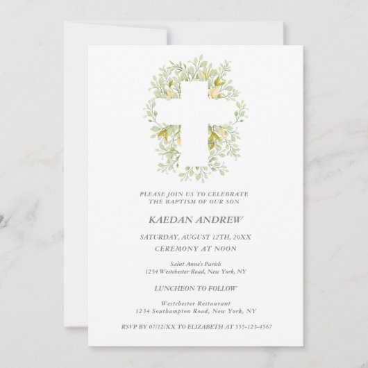 Elegante Green Cream Bloemen Doop Uitnodiging (Voorkant)