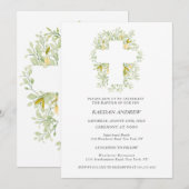 Elegante Green Cream Bloemen Doop Uitnodiging (Voorkant / Achterkant)