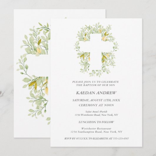 Elegante Green Cream Bloemen Doop Uitnodiging (Voorkant / Achterkant)