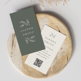 Elegante Green & Cream Botanische QR Code Verticaa Visitekaartje