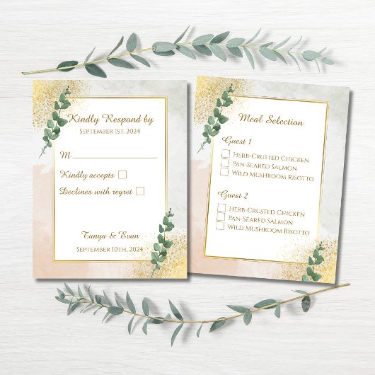 Elegante Green & Gold Wedding RSVP Response Kaart