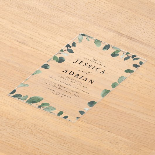 Elegante Green Leaf Border Moderne bruiloft Acryl Uitnodigingen (Laagn)