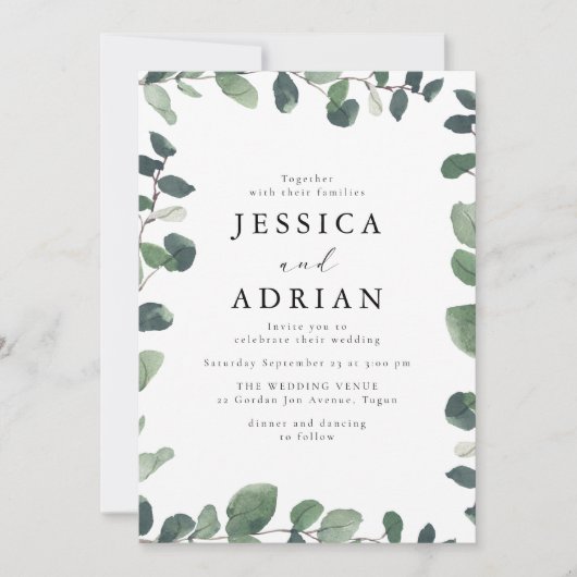 Elegante Green Leaf Border Moderne bruiloft Kaart (Voorkant)