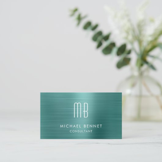 Elegante Green Metallic Monogram Consultant Visitekaartje (Staand voorkant)