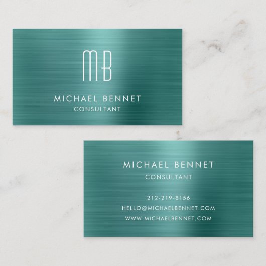 Elegante Green Metallic Monogram Consultant Visitekaartje (Voorkant / Achterkant)