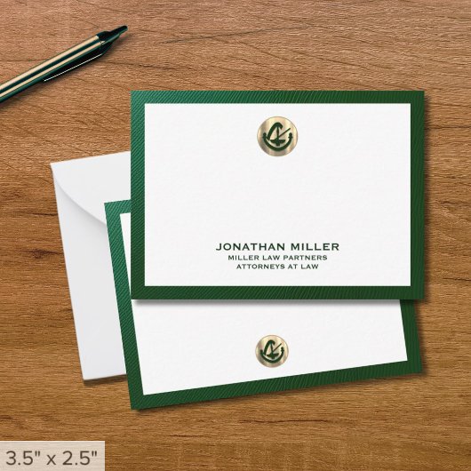 Elegante Green Notecard met Gold Logo Law Firm Notitiekaartje