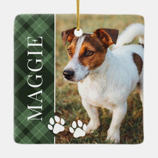 Elegante Green Plaid Pet Naam en foto Keramisch Ornament (Achterkant)