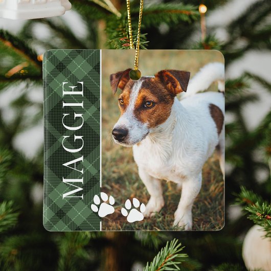 Elegante Green Plaid Pet Naam en foto Keramisch Ornament