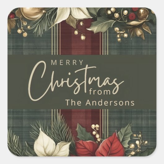 Elegante Green Plaid Poinsettias Vrolijk Kerstfees Vierkante Sticker (Voorkant)