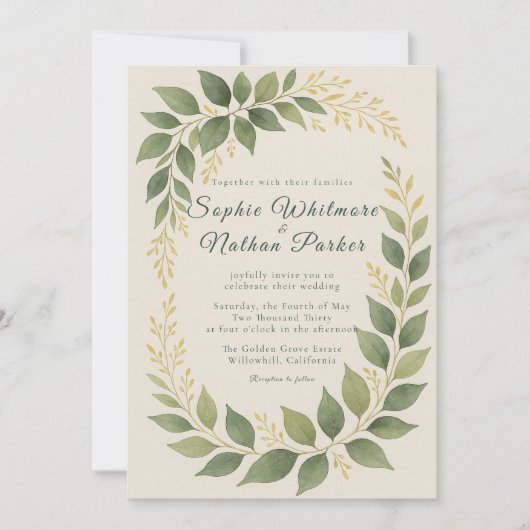 Elegante Greenery Gold accenten bruiloft uitnodigi Kaart (Voorkant)