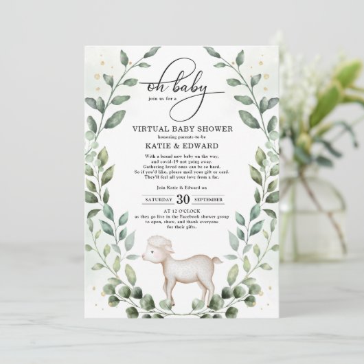 Elegante Greenery Gold Baby Lamb Virtual Shower Kaart (Staand voorkant)