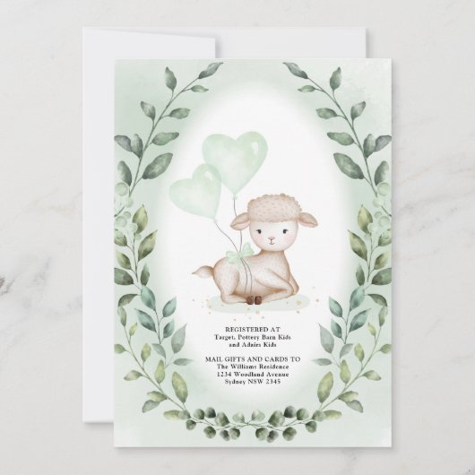Elegante Greenery Gold Baby Lamb Virtual Shower Kaart (Achterkant)