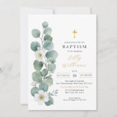Elegante Greenery Gold Cross doop uitnodiging (Voorkant)