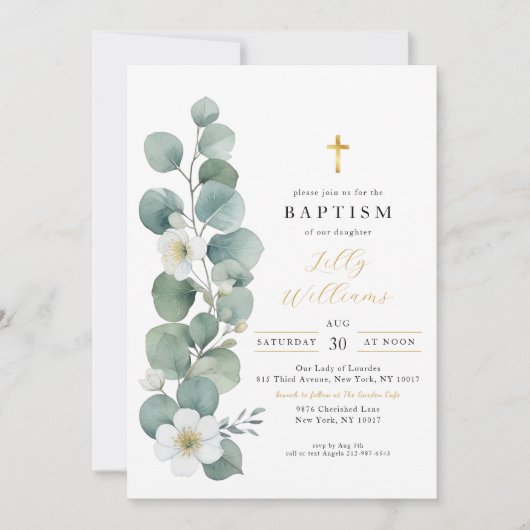 Elegante Greenery Gold Cross doop uitnodiging (Voorkant)
