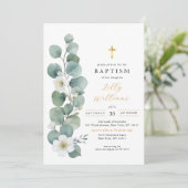 Elegante Greenery Gold Cross doop uitnodiging (Staand voorkant)