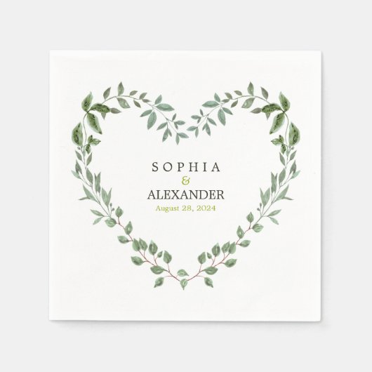 Elegante Greenery Heart Wedding gepersonaliseerd Servet (Voorkant)