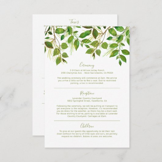 Elegante Greenery Meadow Wedding Informatie Informatiekaartje (Voorkant / Achterkant)