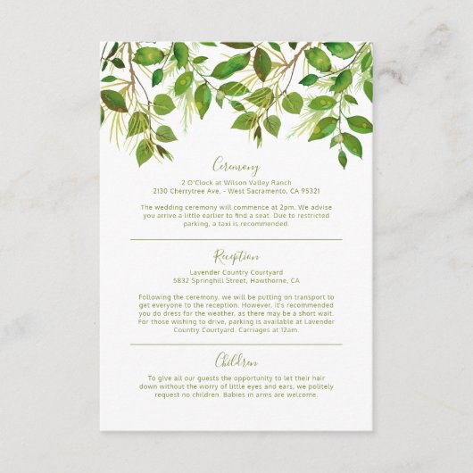 Elegante Greenery Meadow Wedding Informatie Informatiekaartje (Voorkant)