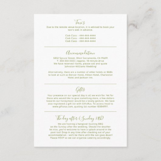 Elegante Greenery Meadow Wedding Informatie Informatiekaartje (Achterkant)
