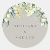 Elegante Greige Snowberry+Eucalyptus Bruiloft Ronde Sticker (Voorkant)