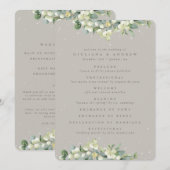 Elegante Greige Snowberry+Eucalyptus Winterhuwelij Programmakaart (Voorkant / Achterkant)