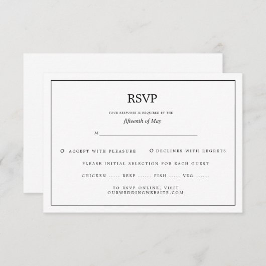 Elegante grens zwart-wit bruiloft RSVP Informatiekaartje (Voorkant / Achterkant)