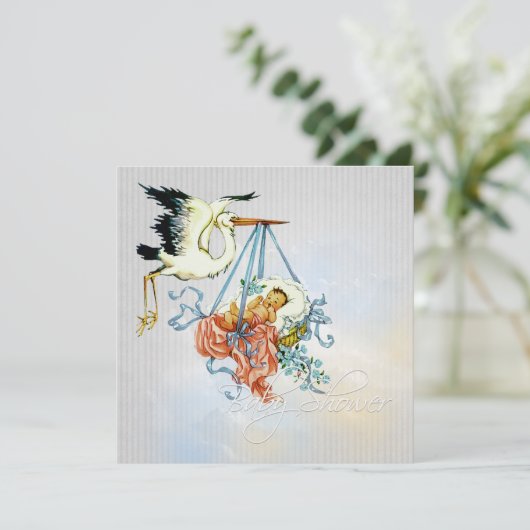 Elegante Grey Blue Stork Baby Boy Shower Kaart (Staand voorkant)