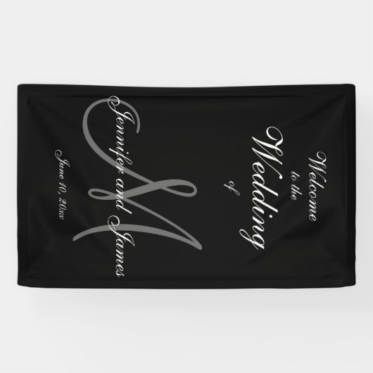 Elegante Grey M Initiaal en namen Trouwbanner Spandoek (Horizontaal)