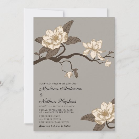 Elegante Grey Magnolia bruiloft uitnodiging (Voorkant)