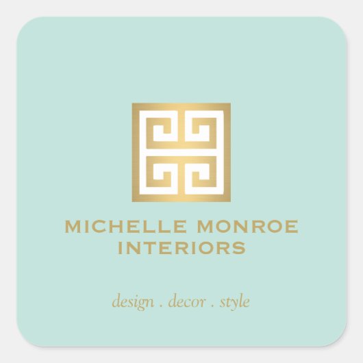 Elegante Griekse Sleutel Designer Logo Goud/Mint Vierkante Sticker (Voorkant)