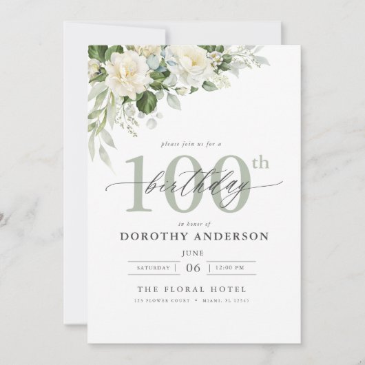 Elegante griene bloemige 100e verjaardag kaart (Voorkant)
