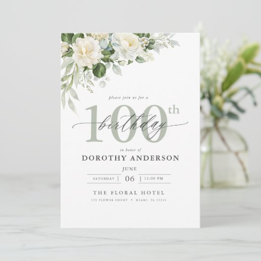 Elegante griene bloemige 100e verjaardag kaart (Staand voorkant)