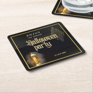 Elegante Griezelen Zwarte Gouden Lantaarn Hallowee Kartonnen Onderzetters