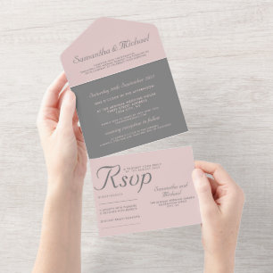 Elegante grijs en stoffig roze minimalistische all in one uitnodiging