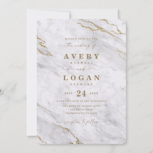Elegante Grijs Wit & Goud Metallic Marmeren bruilo Kaart (Voorkant)