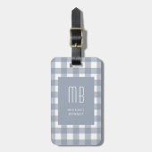 Elegante grijsblauwe geruite monogram bagagelabel (Voorkant verticaal)