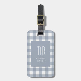 Elegante grijsblauwe geruite monogram bagagelabel